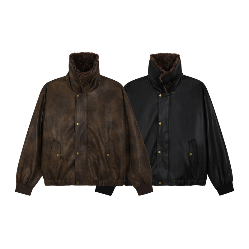 R9860 PU odinė striukė su užtrauktuku, apykaklė su reveru, laisvas kirpimas, šoninės siūlės kišenės