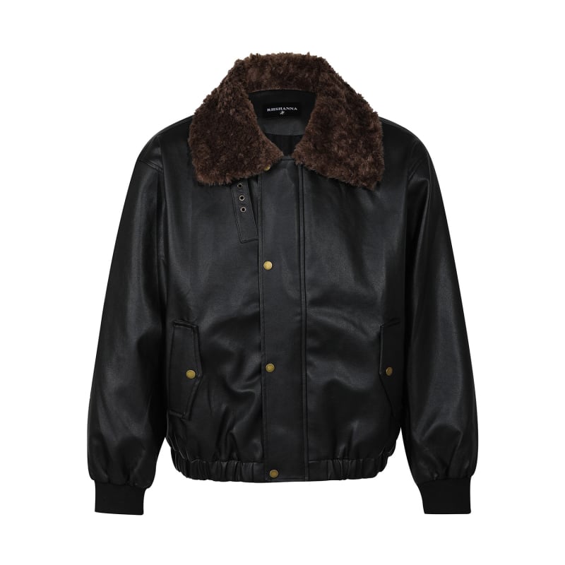 R9860 PU odinė striukė su užtrauktuku, apykaklė su reveru, laisvas kirpimas, šoninės siūlės kišenės