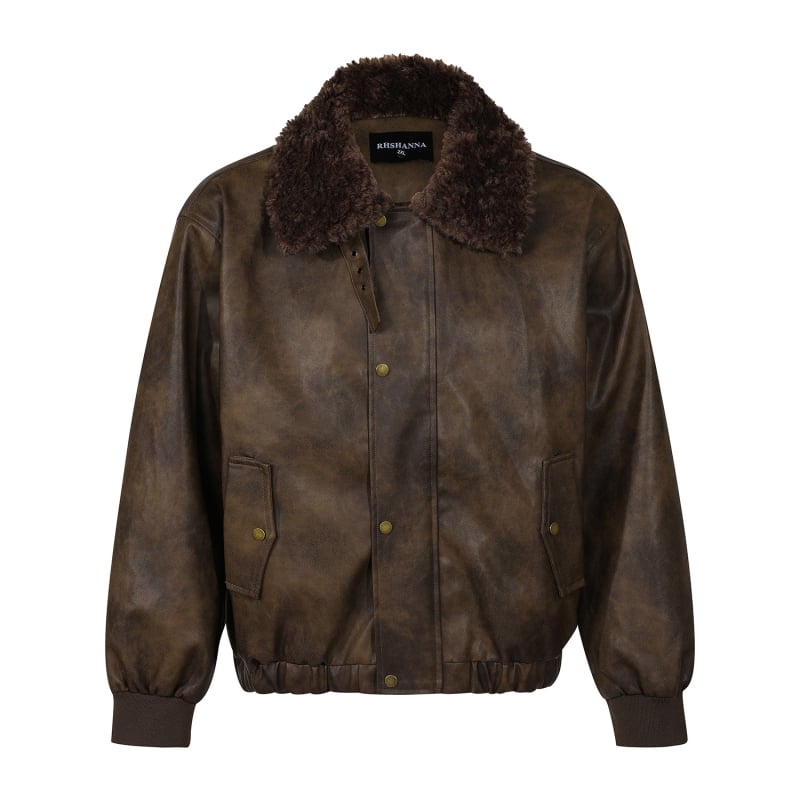 R9860 PU odinė striukė su užtrauktuku, apykaklė su reveru, laisvas kirpimas, šoninės siūlės kišenės