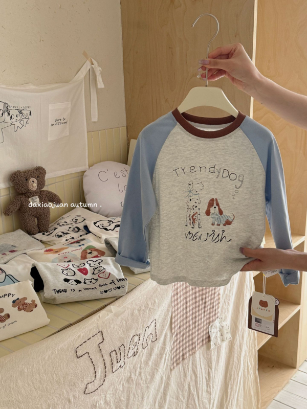 Vaikų marškinėliai su ilgarankovėmis raglano rankovėmis, 100% medvilnė, karikatūrų modelis, drėgmės reguliavimas