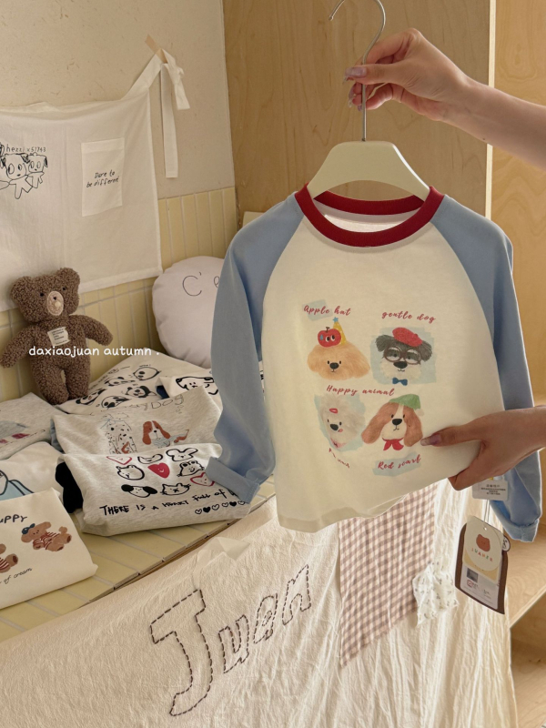 Vaikų marškinėliai su ilgarankovėmis raglano rankovėmis, 100% medvilnė, karikatūrų modelis, drėgmės reguliavimas