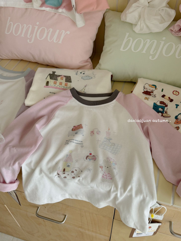 Vaikų marškinėliai su ilgarankovėmis raglano rankovėmis, 100% medvilnė, karikatūrų modelis, drėgmės reguliavimas