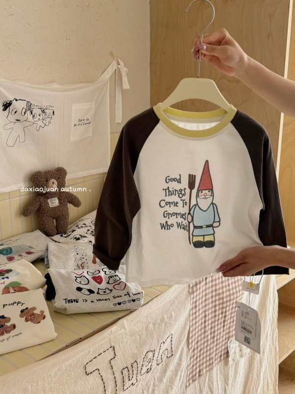 Vaikų marškinėliai su ilgarankovėmis raglano rankovėmis, 100% medvilnė, karikatūrų modelis, drėgmės reguliavimas