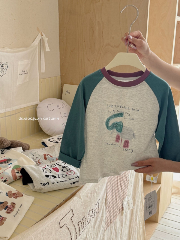 Vaikų marškinėliai su ilgarankovėmis raglano rankovėmis, 100% medvilnė, karikatūrų modelis, drėgmės reguliavimas