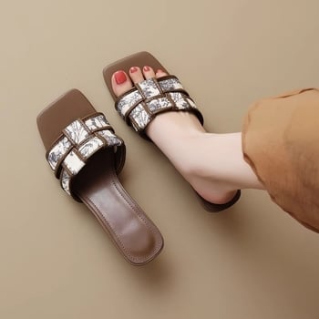 Sandale dama cu toc pană retro, vârf dreptunghiular, PU față, talpă din cauciuc, vară 2025