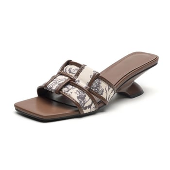 Sandale dama cu toc pană retro, vârf dreptunghiular, PU față, talpă din cauciuc, vară 2025