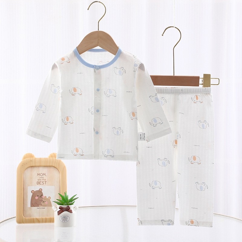 Két darabos nyári babaruha, 100% kombed pamut, uniszex, minták állatokkal/karikatúra, nedvességelvezető