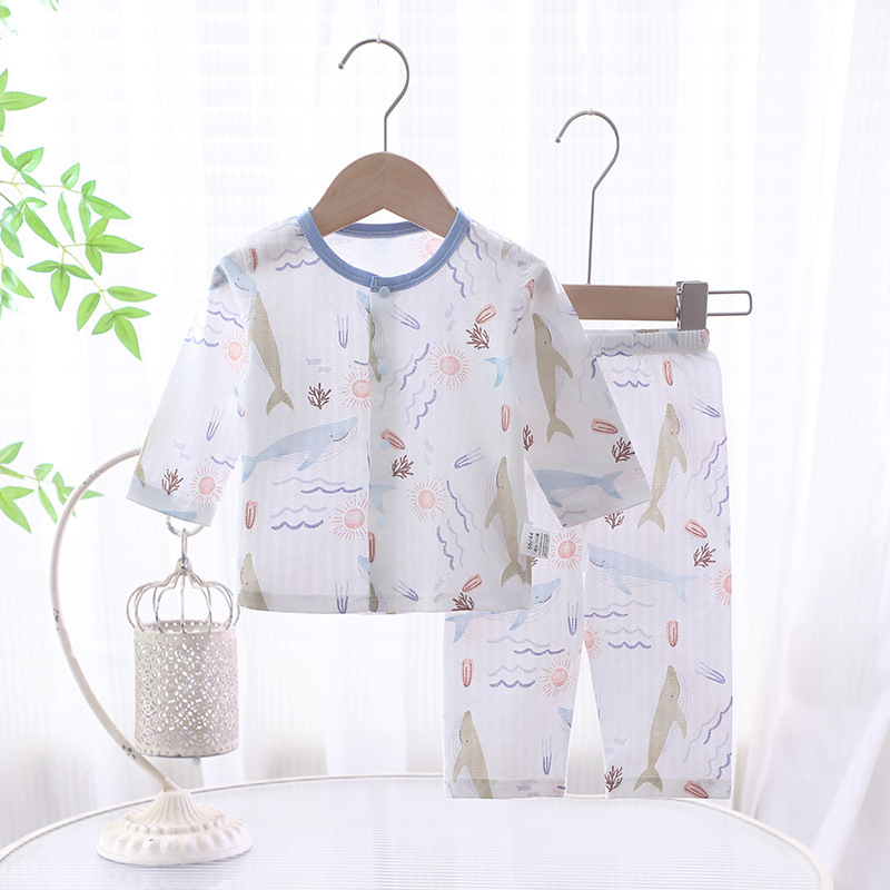 Két darabos nyári babaruha, 100% kombed pamut, uniszex, minták állatokkal/karikatúra, nedvességelvezető