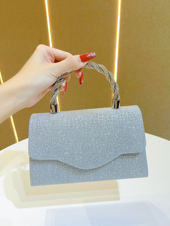 Geantă de seară cu cristale, stil scoică, material ABS, închidere magnetică, formă orizontală pătrată, buzunar pentru telefon