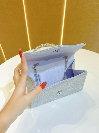 Geantă de seară cu cristale, stil scoică, material ABS, închidere magnetică, formă orizontală pătrată, buzunar pentru telefon