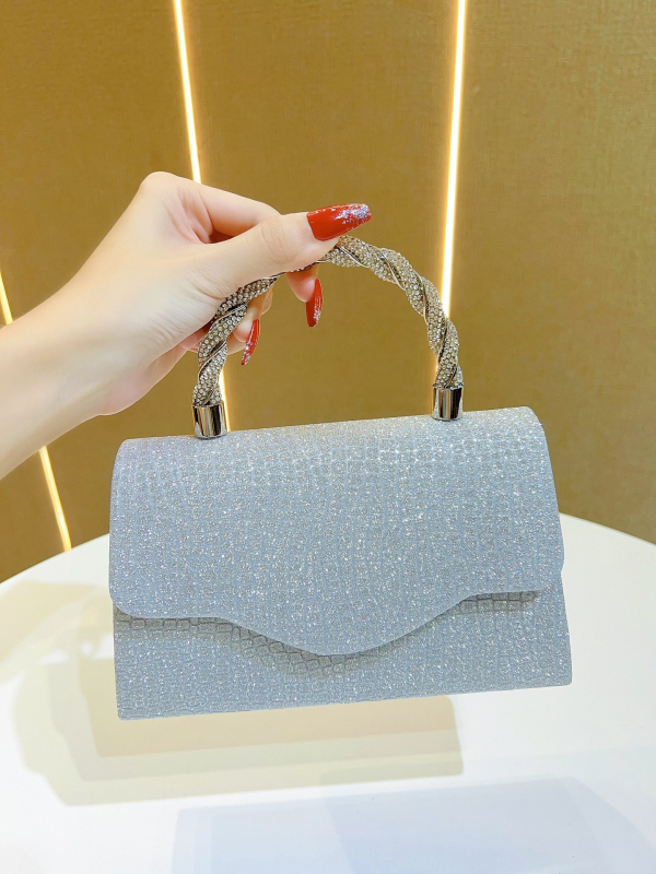 Geantă de seară cu cristale, stil scoică, material ABS, închidere magnetică, formă orizontală pătrată, buzunar pentru telefon