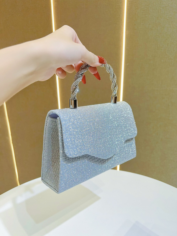 Geantă de seară cu cristale, stil scoică, material ABS, închidere magnetică, formă orizontală pătrată, buzunar pentru telefon