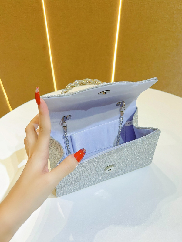 Geantă de seară cu cristale, stil scoică, material ABS, închidere magnetică, formă orizontală pătrată, buzunar pentru telefon