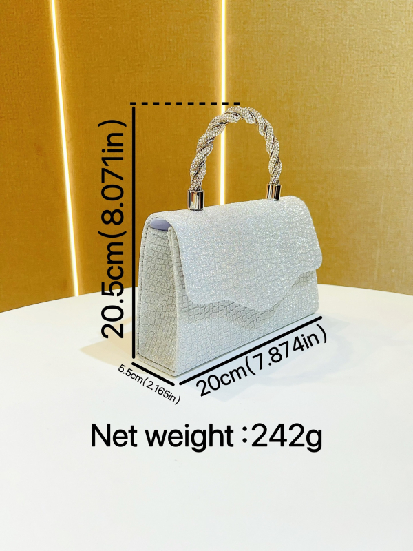 Geantă de seară cu cristale, stil scoică, material ABS, închidere magnetică, formă orizontală pătrată, buzunar pentru telefon