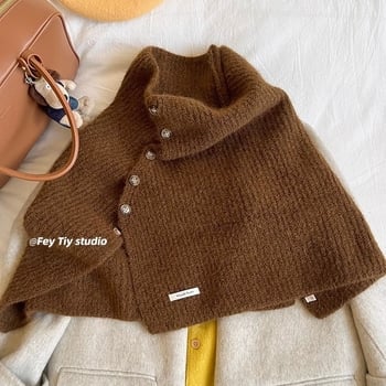 Pelerină de iarnă pentru femei, poliester-silk, tricot warp, guler înalt, model solid.