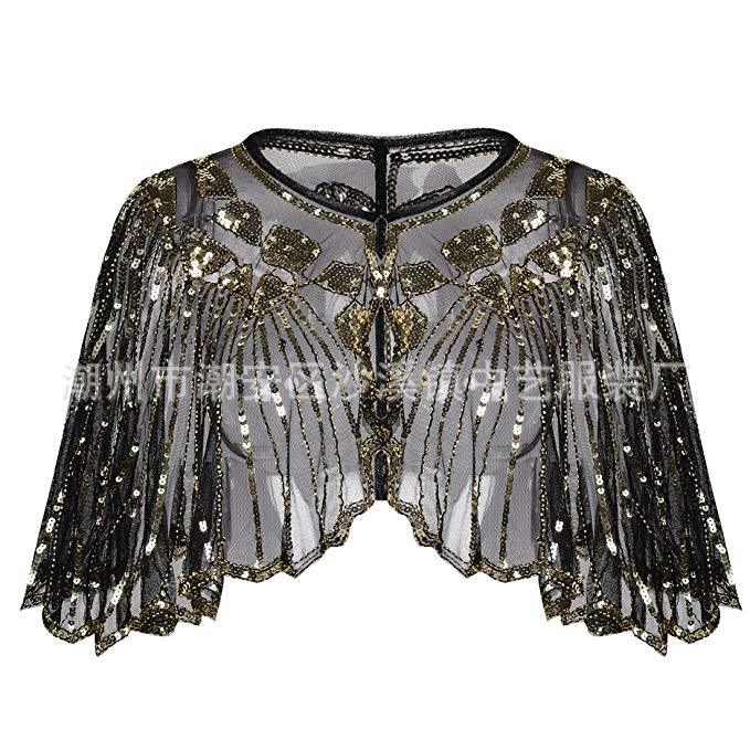 Rochie de seară pentru femei cu paiete retro, pelerină decupată și șal dantelat — poliester