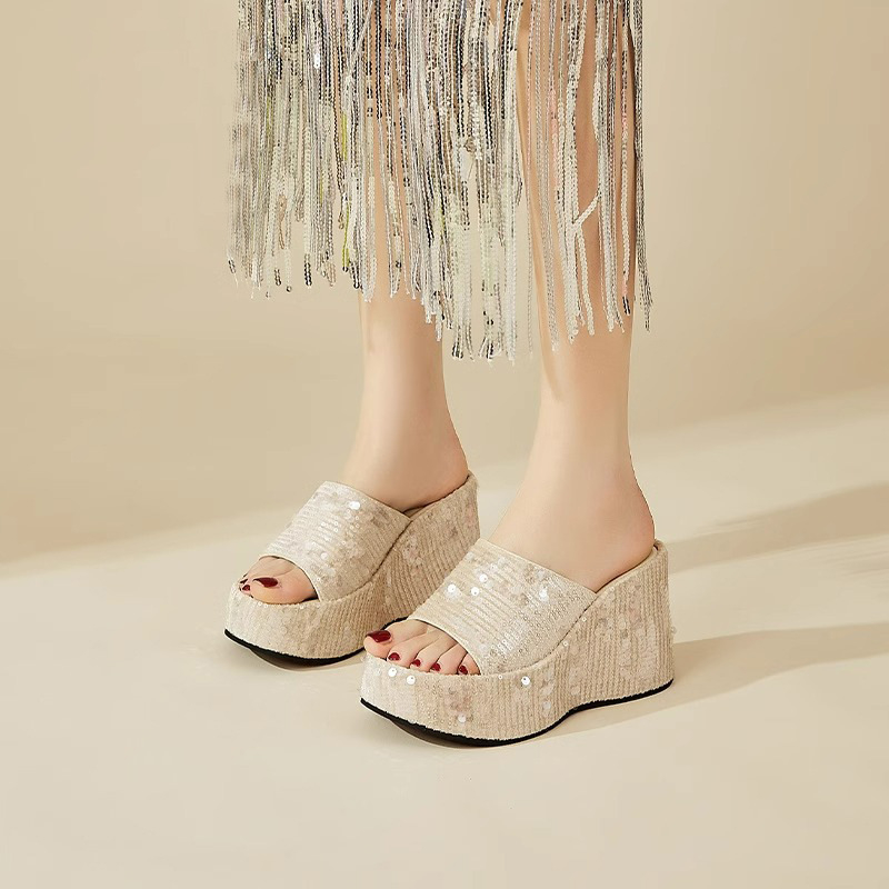 Sandale cu platformă pentru femei, partea superioară din țesătură, căptușeală PU, talpă din cauciuc, vârf pătrat, platformă groasă, vară 2024