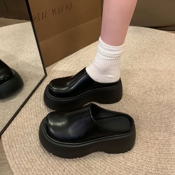 Pantofi loaferi dama cu talpă groasă pentru creșterea înălțimii, stil coreean 2025, vârf rotund, platformă, PU partea superioară, talpă din cauciuc, primăvara 2025