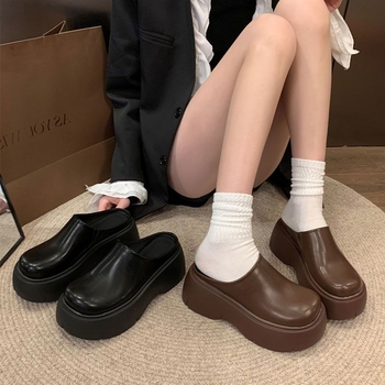 Pantofi loaferi dama cu talpă groasă pentru creșterea înălțimii, stil coreean 2025, vârf rotund, platformă, PU partea superioară, talpă din cauciuc, primăvara 2025
