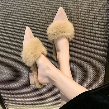 Papuci cu vârf ascuțit, toc gros, căptușeală din pluș, partea superioară PU, talpă din cauciuc