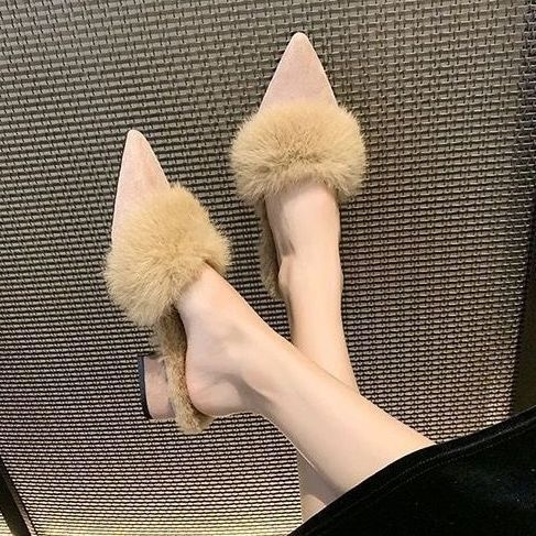 Papuci cu vârf ascuțit, toc gros, căptușeală din pluș, partea superioară PU, talpă din cauciuc