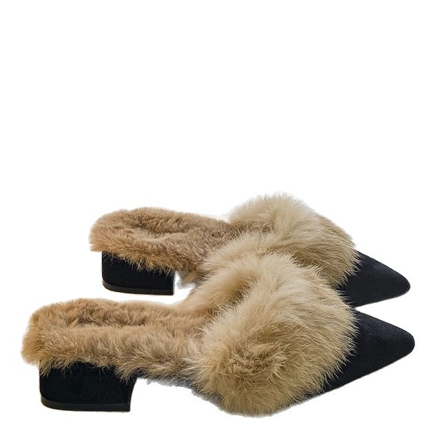 Papuci cu vârf ascuțit, toc gros, căptușeală din pluș, partea superioară PU, talpă din cauciuc