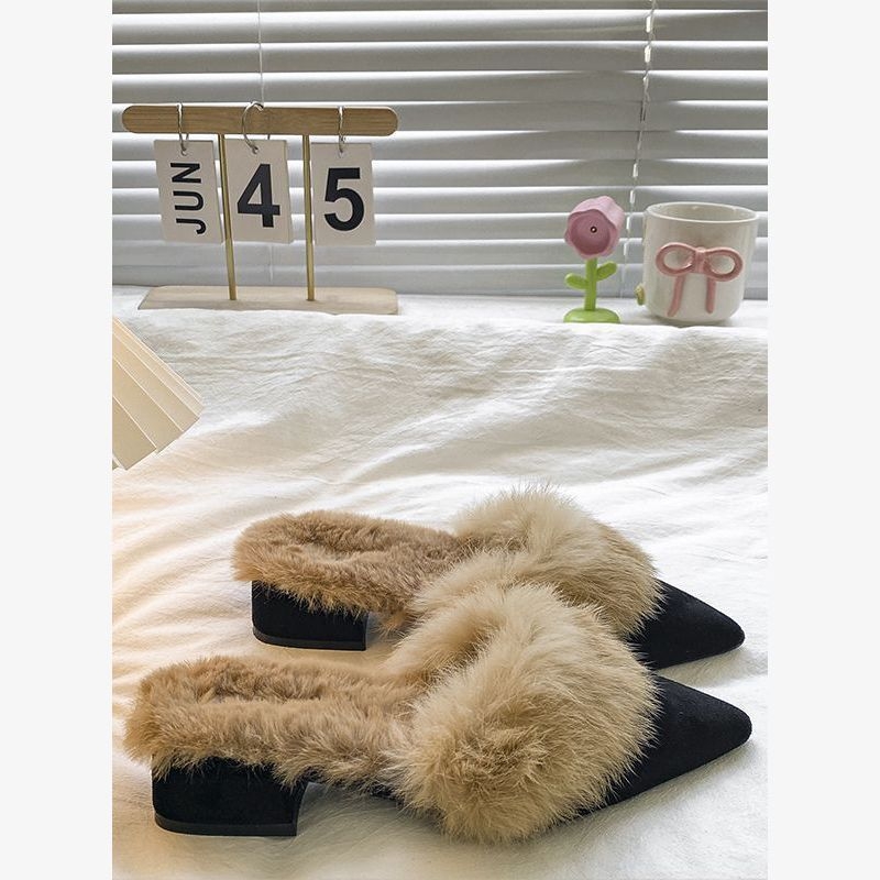 Papuci cu vârf ascuțit, toc gros, căptușeală din pluș, partea superioară PU, talpă din cauciuc