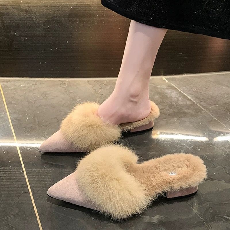 Papuci cu vârf ascuțit, toc gros, căptușeală din pluș, partea superioară PU, talpă din cauciuc