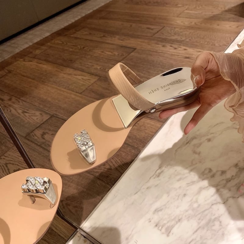 Sandale dama cu toc clip-toe și cristale, stil coreean, partea superioară din super fiber, talpă din cauciuc, înălțime toc 3-5 cm