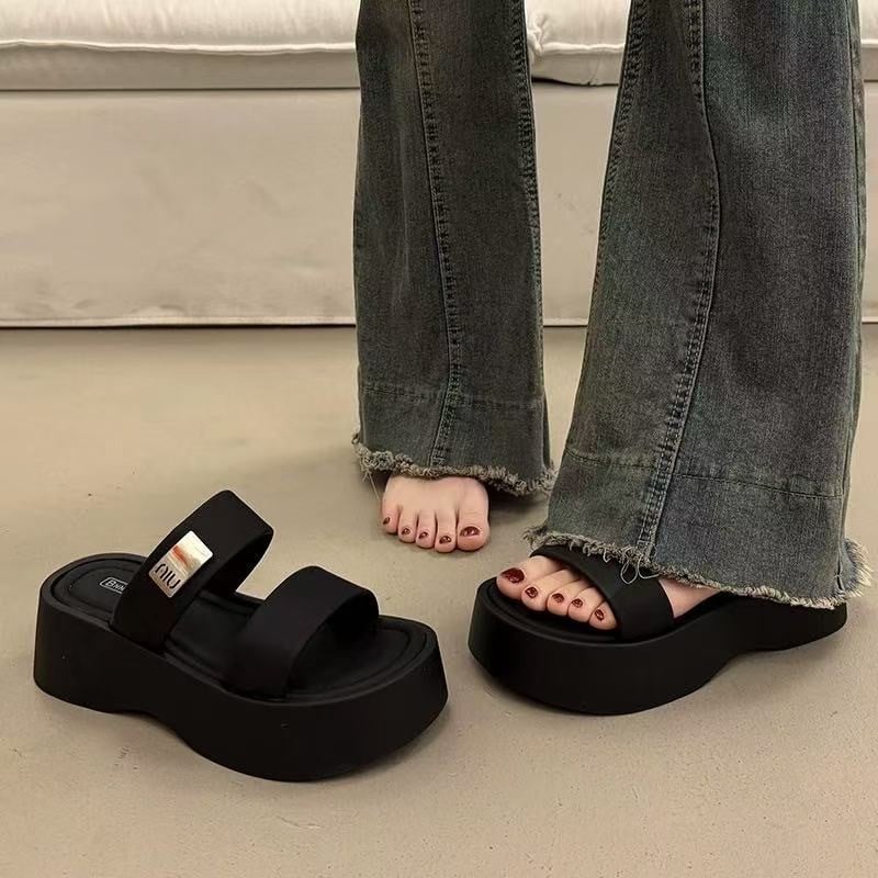 Sandale cu talpă groasă în formă de wedge, pentru femei, vârf deschis, stil coreean, PU partea superioară și interior, talpă din cauciuc