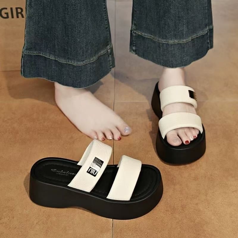 Sandale cu talpă groasă în formă de wedge, pentru femei, vârf deschis, stil coreean, PU partea superioară și interior, talpă din cauciuc