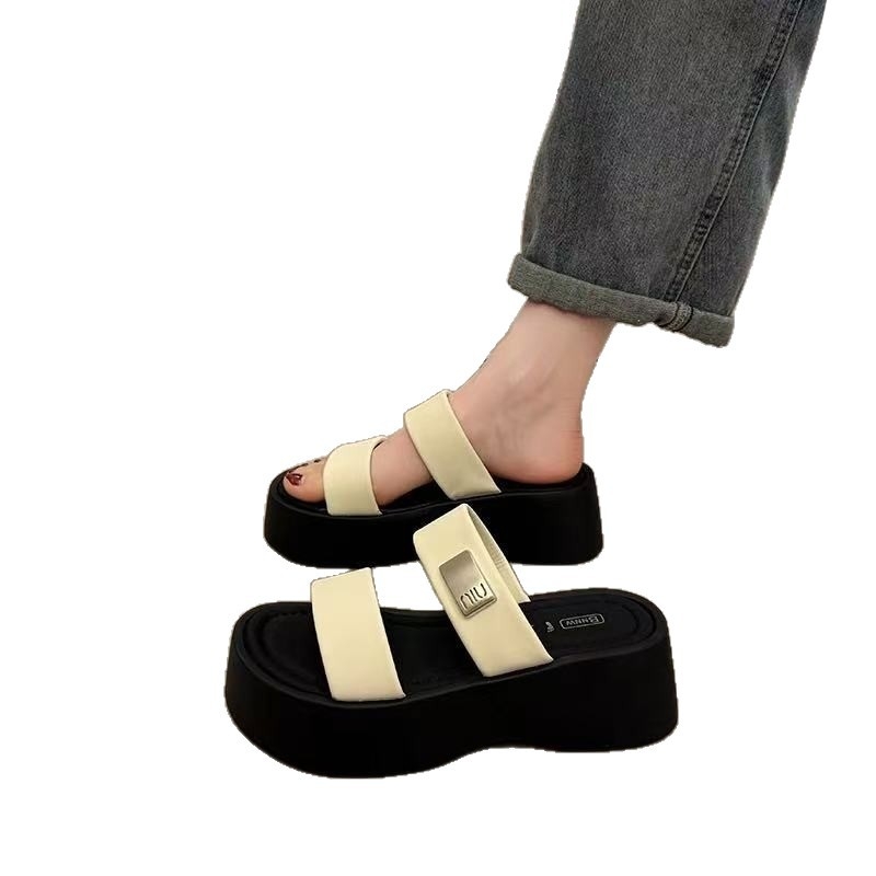 Sandale cu talpă groasă în formă de wedge, pentru femei, vârf deschis, stil coreean, PU partea superioară și interior, talpă din cauciuc