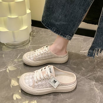 Baotou Papuci de casă pentru femei, papuci din textile fără toc, PU partea superioară și PU interior, vârf rotund, talpă din cauciuc, primăvară 2024