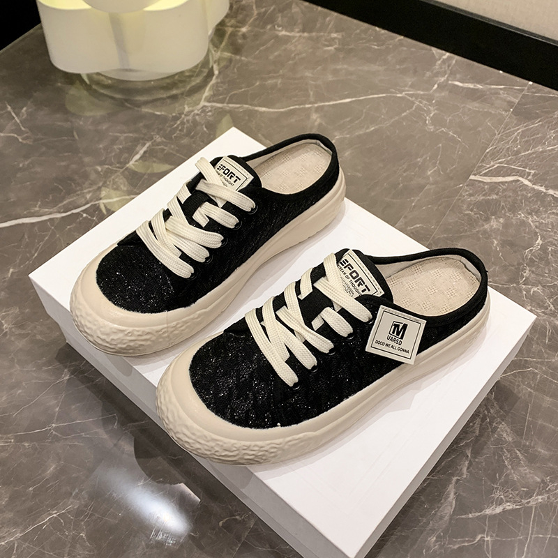 Baotou Papuci de casă pentru femei, papuci din textile fără toc, PU partea superioară și PU interior, vârf rotund, talpă din cauciuc, primăvară 2024