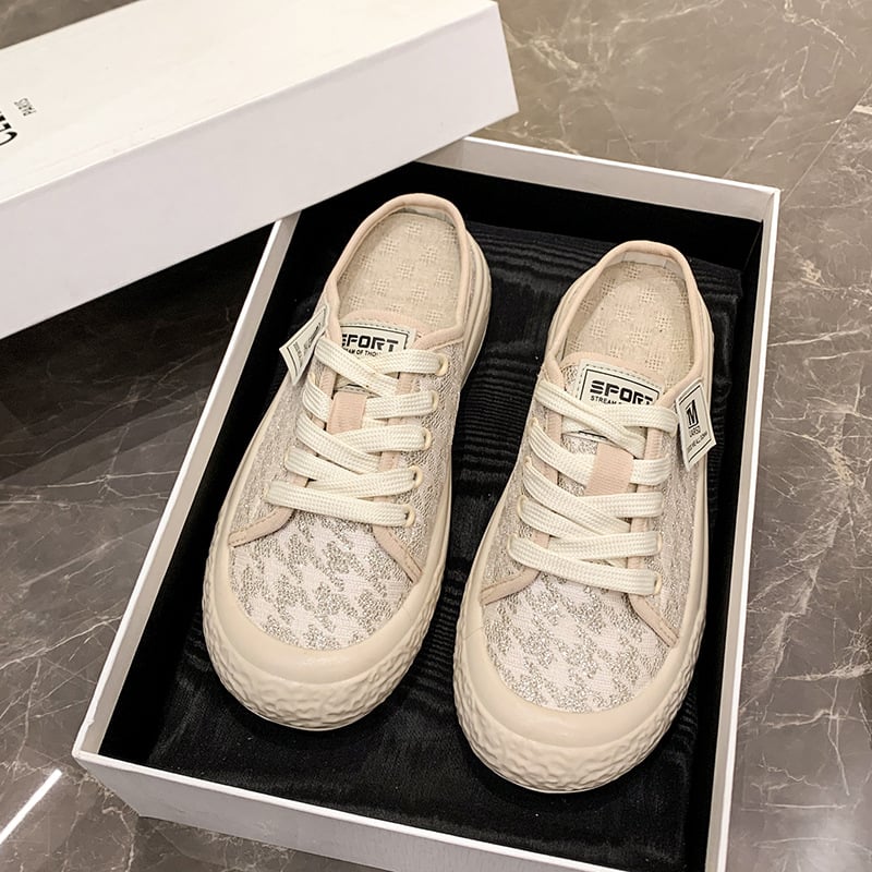 Baotou Papuci de casă pentru femei, papuci din textile fără toc, PU partea superioară și PU interior, vârf rotund, talpă din cauciuc, primăvară 2024