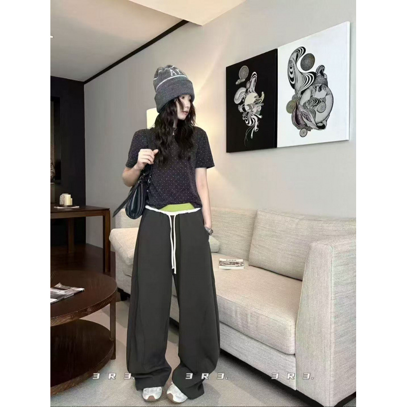 Pantaloni femei cu detalii patchwork, croiți drept, largi, talie înaltă, micro-elastici, toamnă 2025