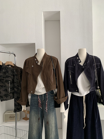 Női laza fazonú farmerdzseki álló gallérral, hosszú ujjú, rövid szabás, kétgombos zárás, 95% pamut, őszi 2025, retro stílus