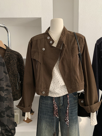 Női laza fazonú farmerdzseki álló gallérral, hosszú ujjú, rövid szabás, kétgombos zárás, 95% pamut, őszi 2025, retro stílus