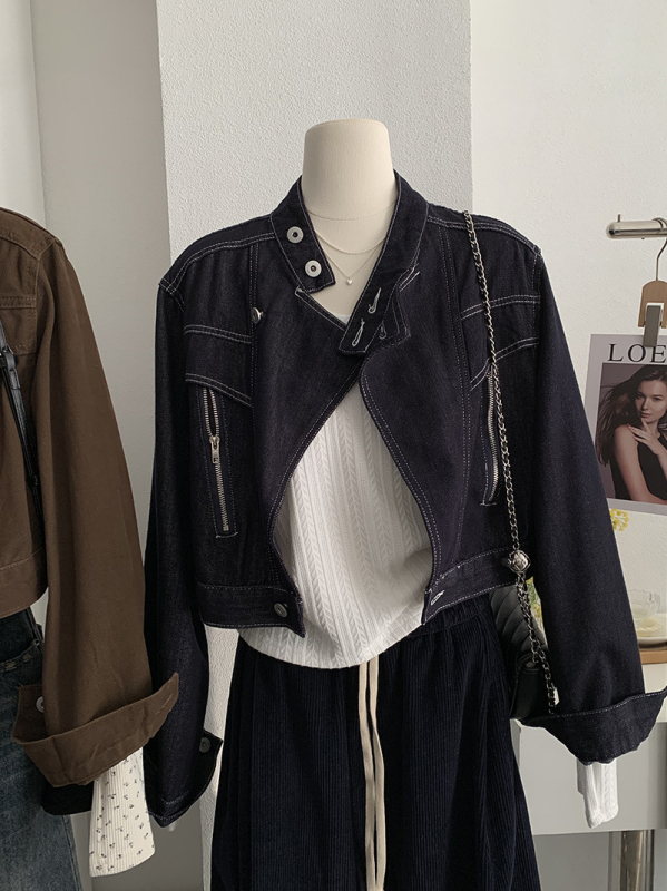 Női laza fazonú farmerdzseki álló gallérral, hosszú ujjú, rövid szabás, kétgombos zárás, 95% pamut, őszi 2025, retro stílus