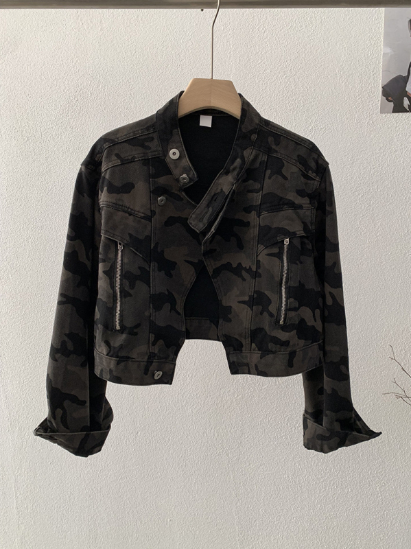 Női laza fazonú farmerdzseki álló gallérral, hosszú ujjú, rövid szabás, kétgombos zárás, 95% pamut, őszi 2025, retro stílus