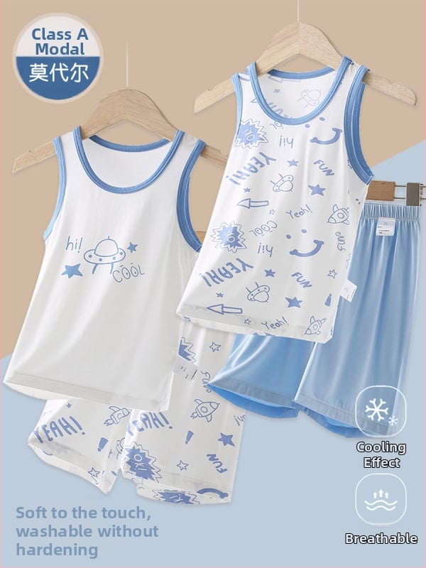 Gyerekeknek szóló hálóruha-szett, modal anyag, koreai stílusú ujjatlan felső, vékony (170g modal; 95% modal, 5% spandex; nedvességelvezető)
