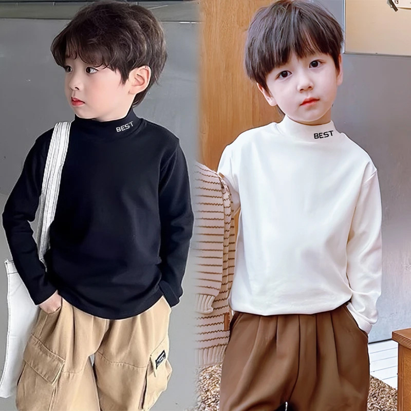 Детска термо базова риза с висока яка, принт в корейски Mori стил, полиестер 95% + химическо влакно, зима 2025, унисекс, за деца 3–8 г