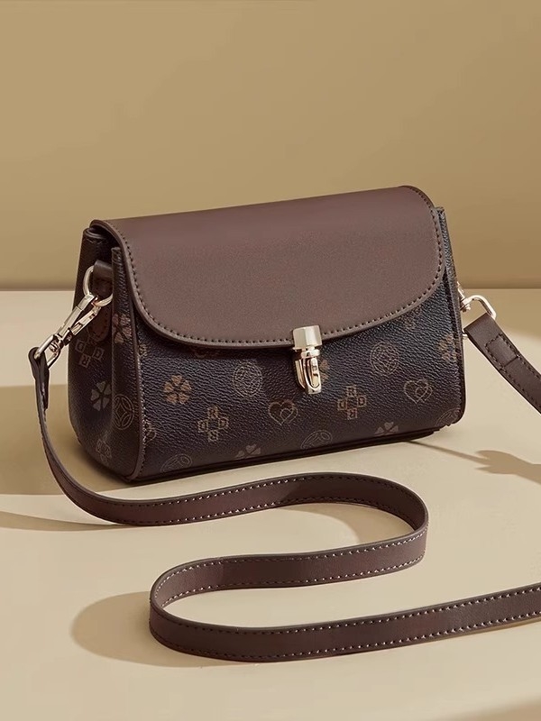Geantă crossbody cu imprimeu retro, textură PU, formă pătrată, buzunar interior cu fermoar, căptușeală din poliester, două curele, pentru purtare zilnică, vara 2025