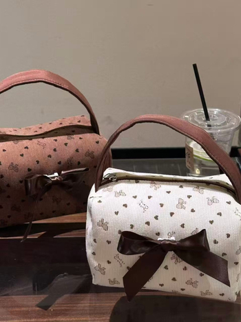 Geantă cosmetic corduroy cu funda și imprimeu geometric, căptușeală din poliester, capacitate extensibilă, pentru femei