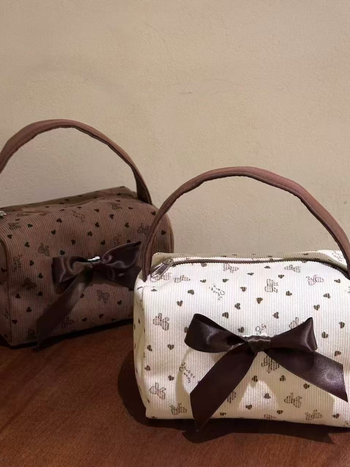 Geantă cosmetic corduroy cu funda și imprimeu geometric, căptușeală din poliester, capacitate extensibilă, pentru femei