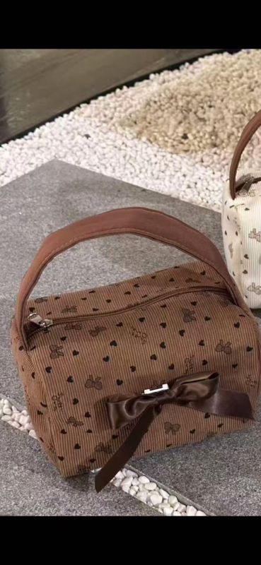 Geantă cosmetic corduroy cu funda și imprimeu geometric, căptușeală din poliester, capacitate extensibilă, pentru femei