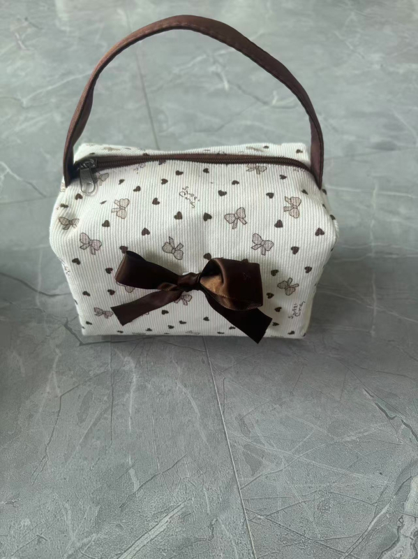 Geantă cosmetic corduroy cu funda și imprimeu geometric, căptușeală din poliester, capacitate extensibilă, pentru femei