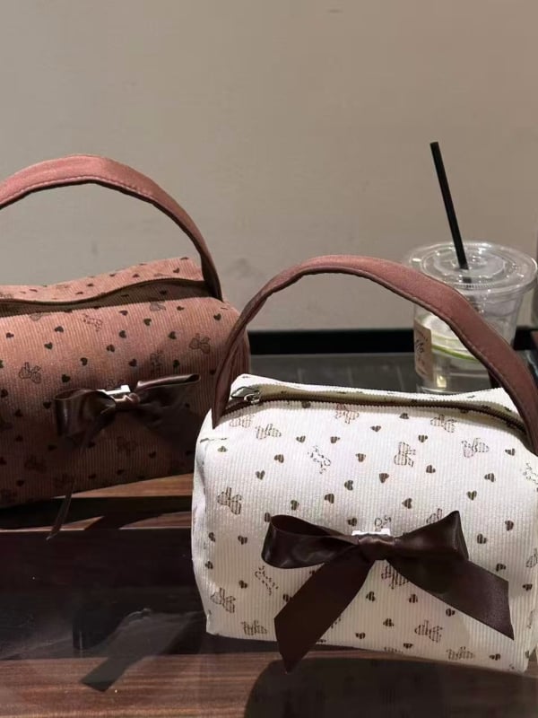 Geantă cosmetic corduroy cu funda și imprimeu geometric, căptușeală din poliester, capacitate extensibilă, pentru femei