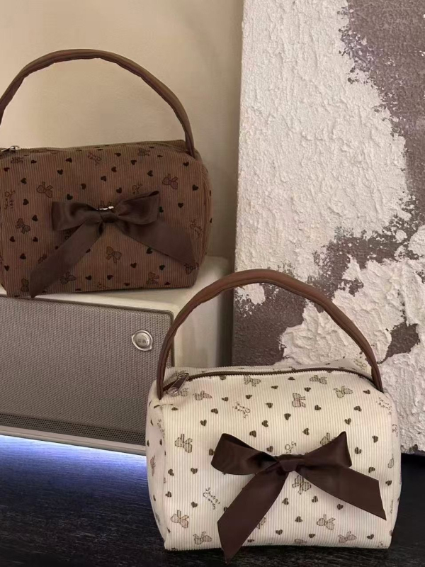 Geantă cosmetic corduroy cu funda și imprimeu geometric, căptușeală din poliester, capacitate extensibilă, pentru femei