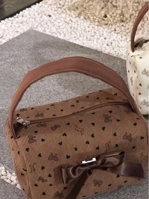 Geantă cosmetic corduroy cu funda și imprimeu geometric, căptușeală din poliester, capacitate extensibilă, pentru femei